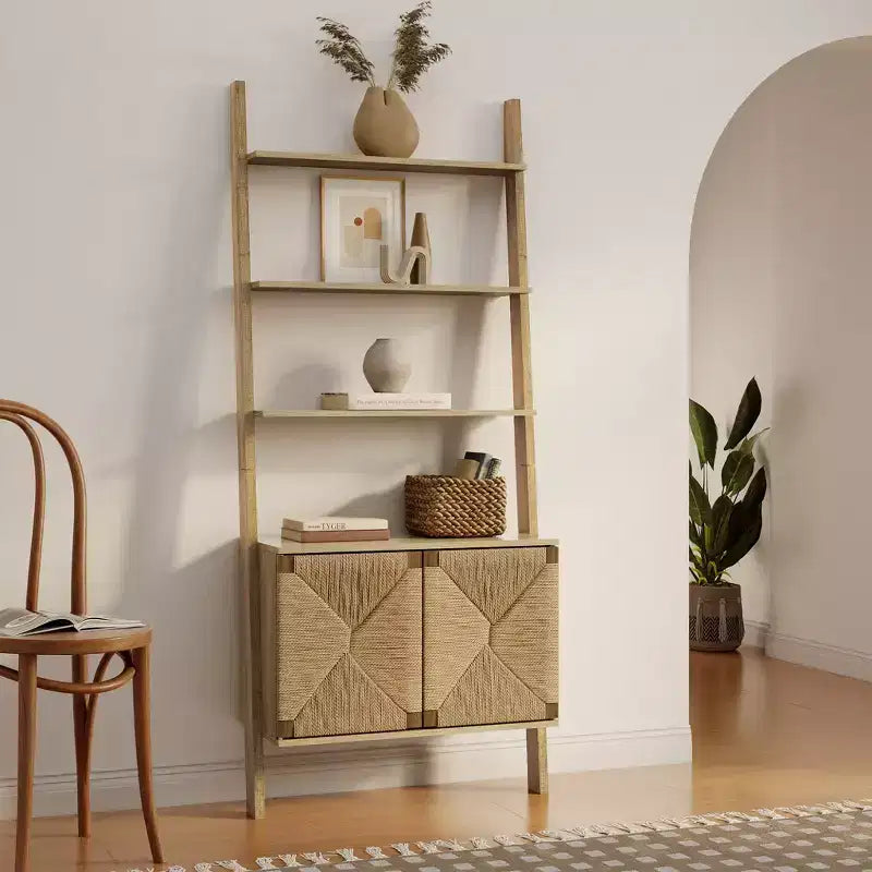 Libreria a Scala Alta 71 con Mobiletto, Libreria Etagere a 4 Ripiani con Mobiletto a 2 Ante per Soggiorno, Ufficio, Camera da Letto Marrone