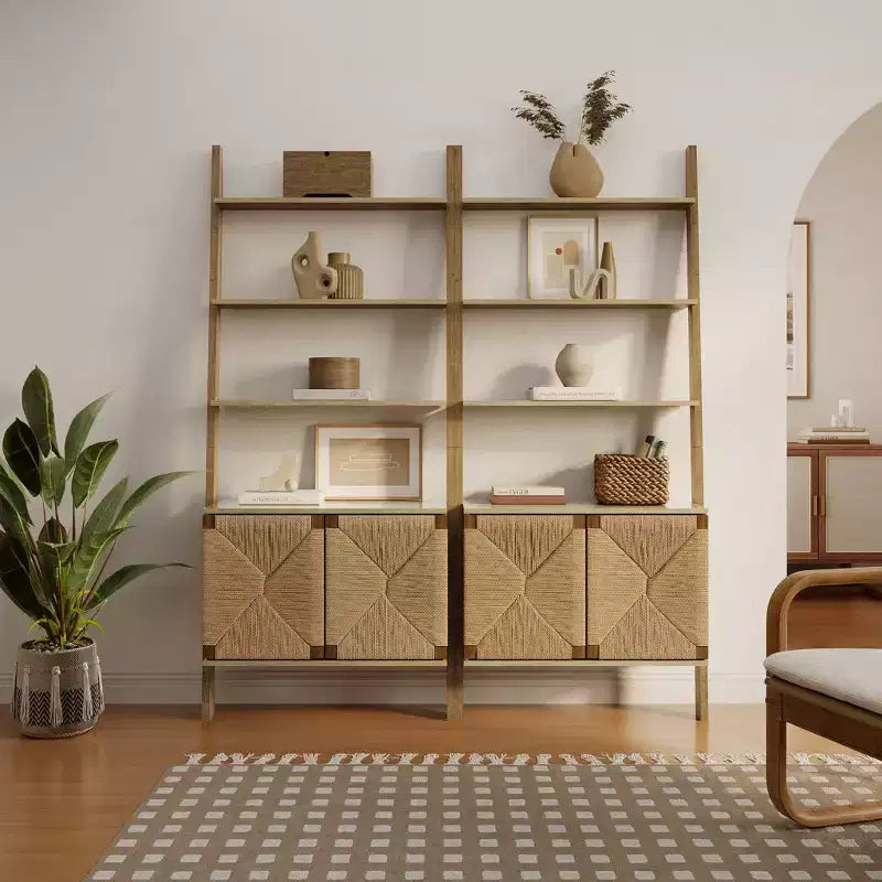 Libreria a Scala Alta 71 con Mobiletto, Libreria Etagere a 4 Ripiani con Mobiletto a 2 Ante per Soggiorno, Ufficio, Camera da Letto Marrone