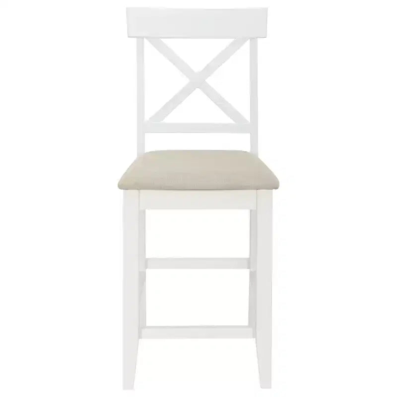 Set da pranzo in stile rustico a 5 pezzi con tavolo da altezza bancone, 4 sedie imbottite e ripiani portaoggetti a 3 livelli, grigio/naturale+bianco