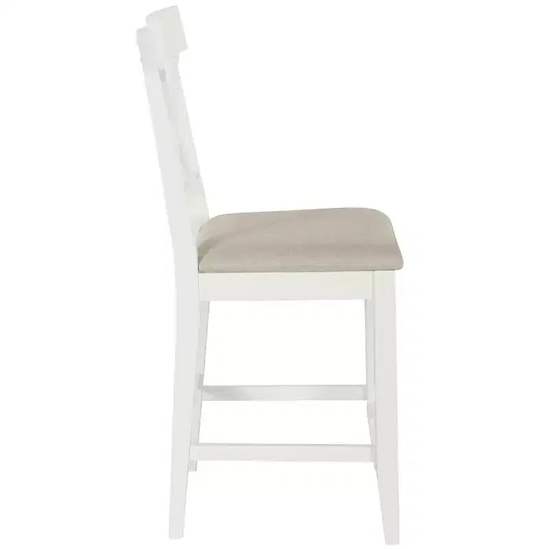 Set da pranzo in stile rustico a 5 pezzi con tavolo da altezza bancone, 4 sedie imbottite e ripiani portaoggetti a 3 livelli, grigio/naturale+bianco