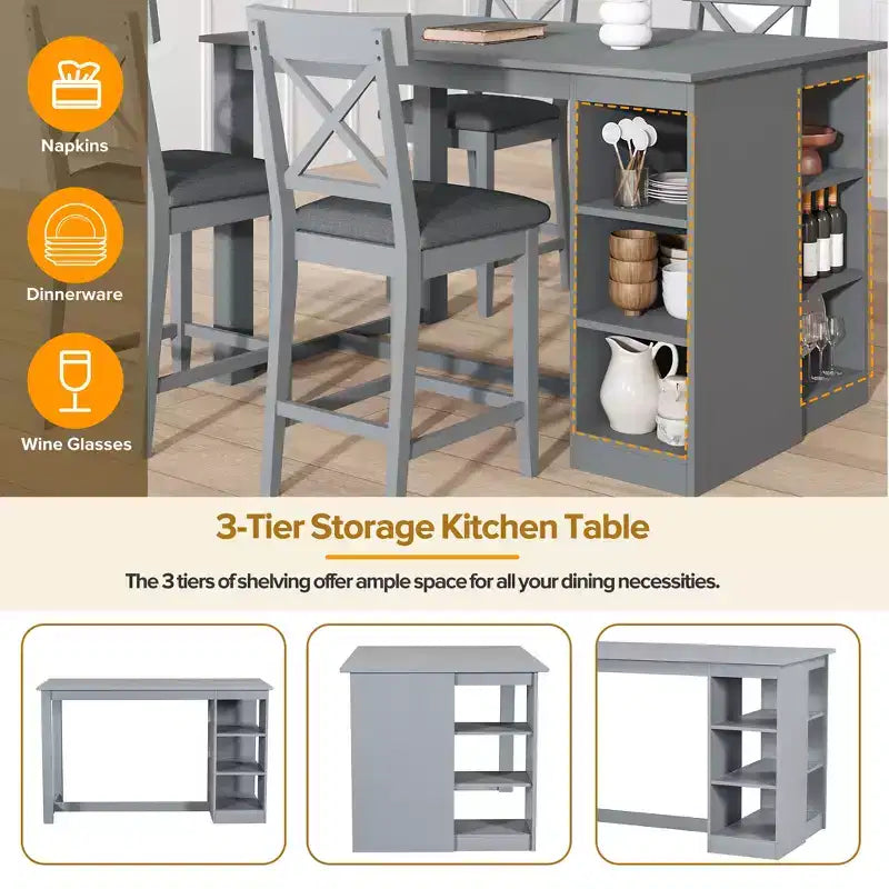 Set da pranzo in stile rustico a 5 pezzi con tavolo da altezza bancone, 4 sedie imbottite e ripiani portaoggetti a 3 livelli, grigio/naturale+bianco