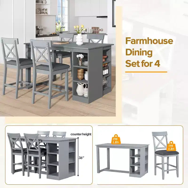 Set da pranzo in stile rustico a 5 pezzi con tavolo da altezza bancone, 4 sedie imbottite e ripiani portaoggetti a 3 livelli, grigio/naturale+bianco