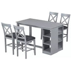 Set da pranzo in stile rustico a 5 pezzi con tavolo da altezza bancone, 4 sedie imbottite e ripiani portaoggetti a 3 livelli, grigio/naturale+bianco