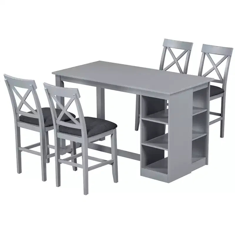 Set da pranzo in stile rustico a 5 pezzi con tavolo da altezza bancone, 4 sedie imbottite e ripiani portaoggetti a 3 livelli, grigio/naturale+bianco