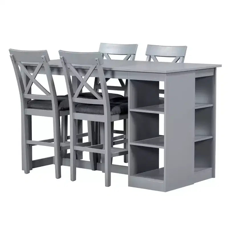 Set da pranzo in stile rustico a 5 pezzi con tavolo da altezza bancone, 4 sedie imbottite e ripiani portaoggetti a 3 livelli, grigio/naturale+bianco