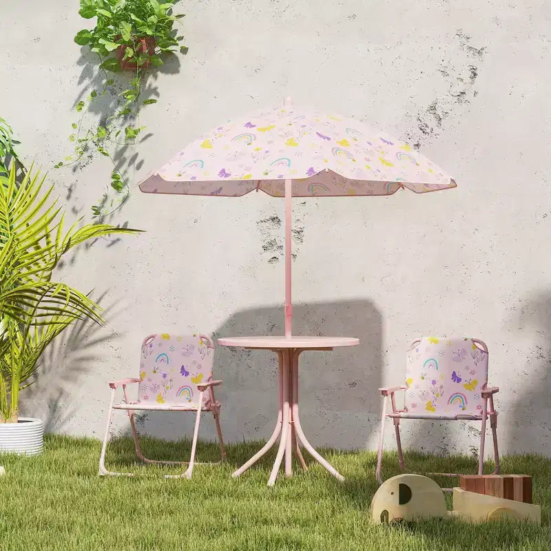 Set tavolo e sedie da picnic per bambini, tavolo per attività all'aperto con 2 sedie pieghevoli, ombrellone rimovibile, per giardino, cortile