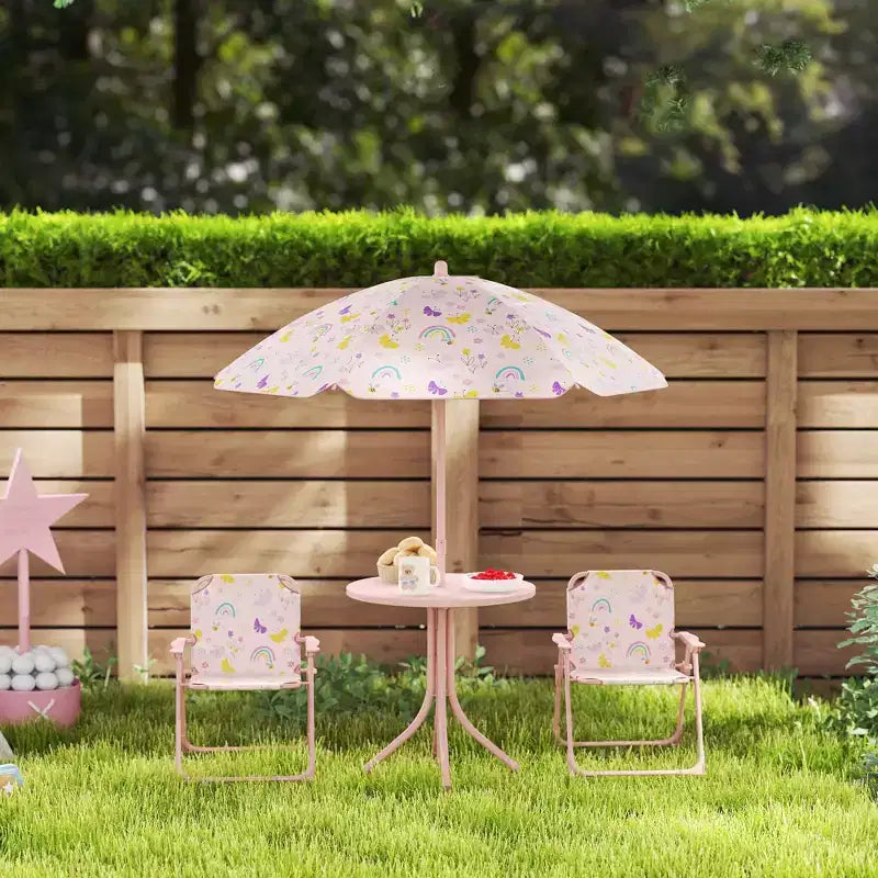 Set tavolo e sedie da picnic per bambini, tavolo per attività all'aperto con 2 sedie pieghevoli, ombrellone rimovibile, per giardino, cortile