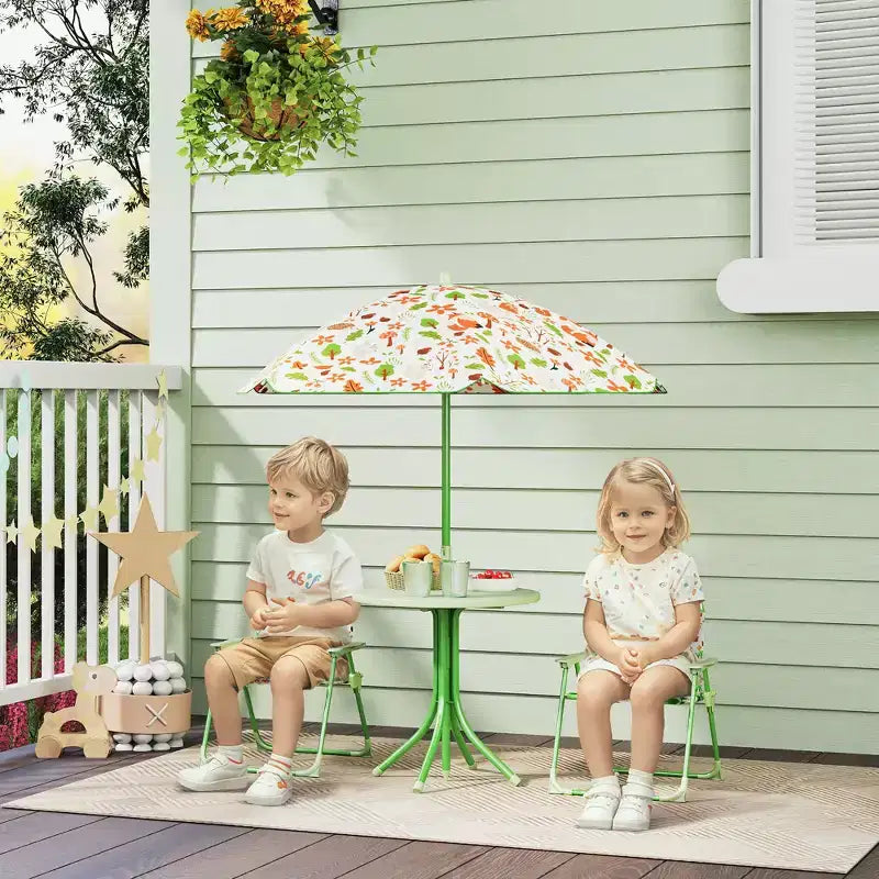Set tavolo e sedie da picnic per bambini, tavolo per attività all'aperto con 2 sedie pieghevoli, ombrellone rimovibile, per giardino, cortile