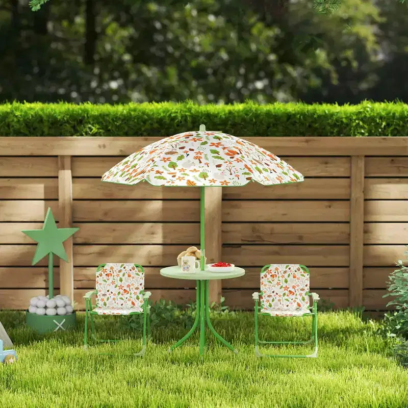 Set tavolo e sedie da picnic per bambini, tavolo per attività all'aperto con 2 sedie pieghevoli, ombrellone rimovibile, per giardino, cortile