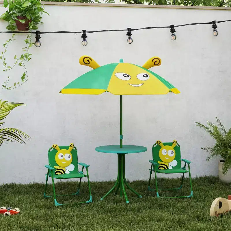 Set tavolo e sedie da picnic per bambini, tavolo per attività all'aperto con 2 sedie pieghevoli, ombrellone rimovibile, per giardino, cortile