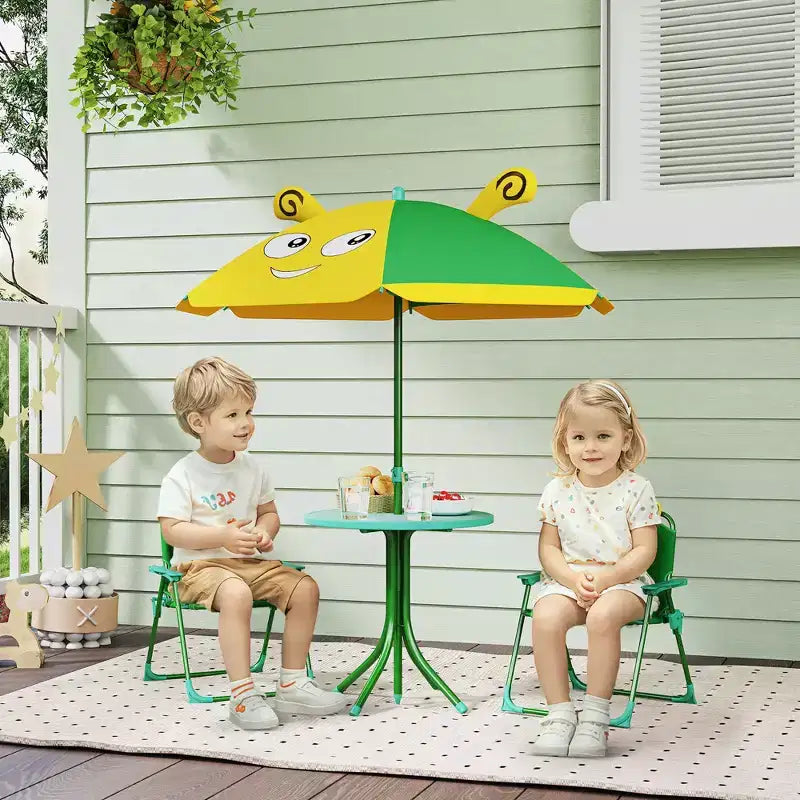 Set tavolo e sedie da picnic per bambini, tavolo per attività all'aperto con 2 sedie pieghevoli, ombrellone rimovibile, per giardino, cortile