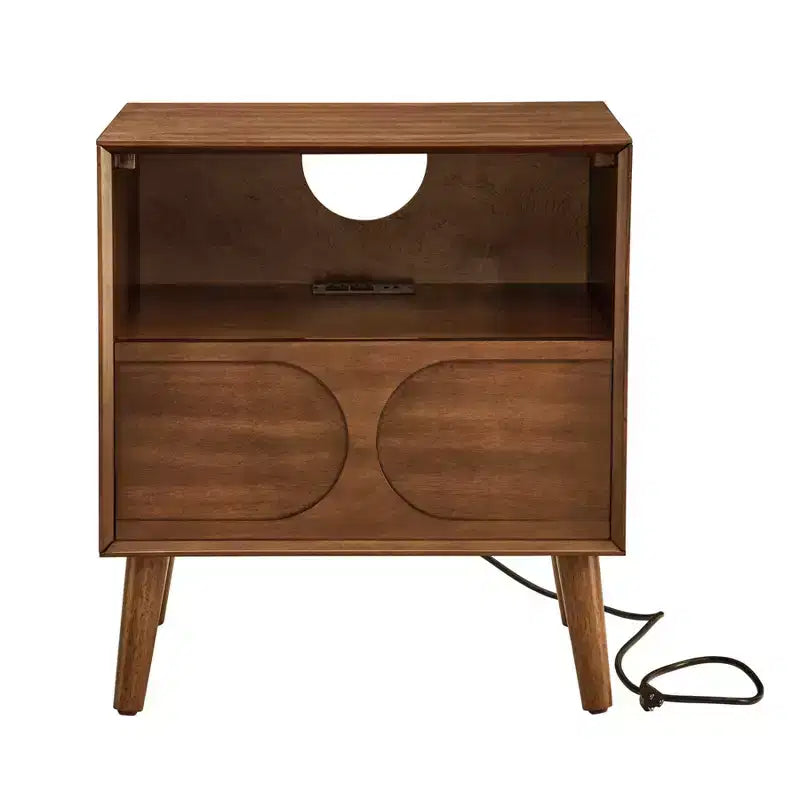 Tavolino Divano Moderno Scanalato, Tavolino Laterale in Legno con Cassetto e Ripiano Aperto, Comodino d'Accento per Camera da Letto, Tavolino da Notte Stile Rustico per Soggiorno