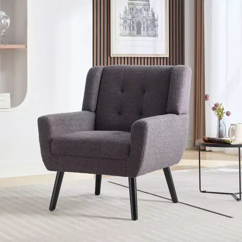 Poltrona moderna accent con bottoni a vista, poltrona da salotto morbida imbottita con gambe in legno nero, ergonomica per camera da letto