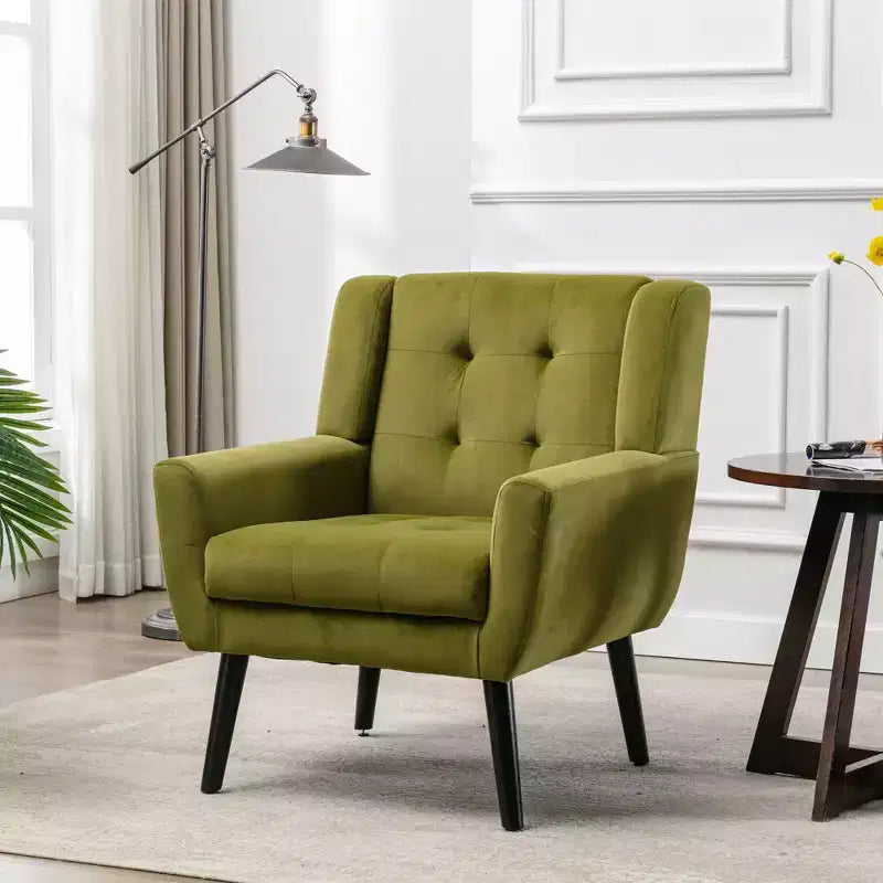 Poltrona moderna accent con bottoni a vista, poltrona da salotto morbida imbottita con gambe in legno nero, ergonomica per camera da letto