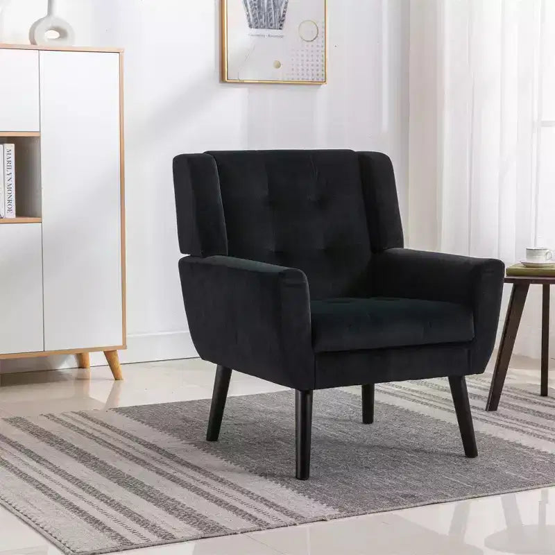 Poltrona moderna accent con bottoni a vista, poltrona da salotto morbida imbottita con gambe in legno nero, ergonomica per camera da letto