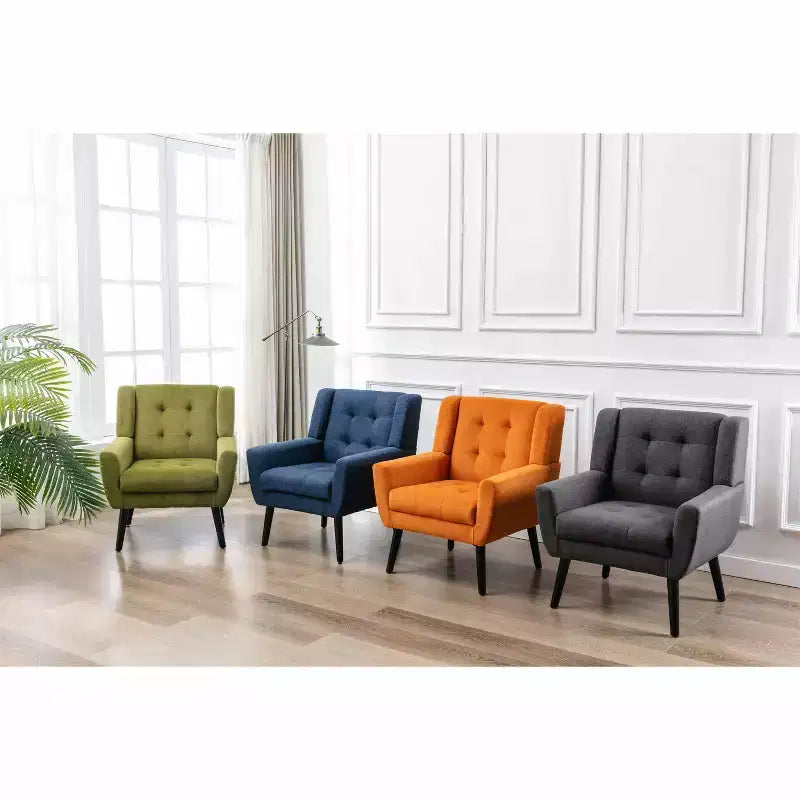 Poltrona moderna accent con bottoni a vista, poltrona da salotto morbida imbottita con gambe in legno nero, ergonomica per camera da letto