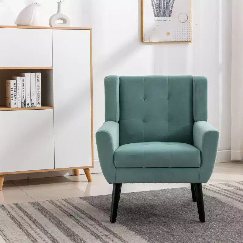 Poltrona moderna accent con bottoni a vista, poltrona da salotto morbida imbottita con gambe in legno nero, ergonomica per camera da letto