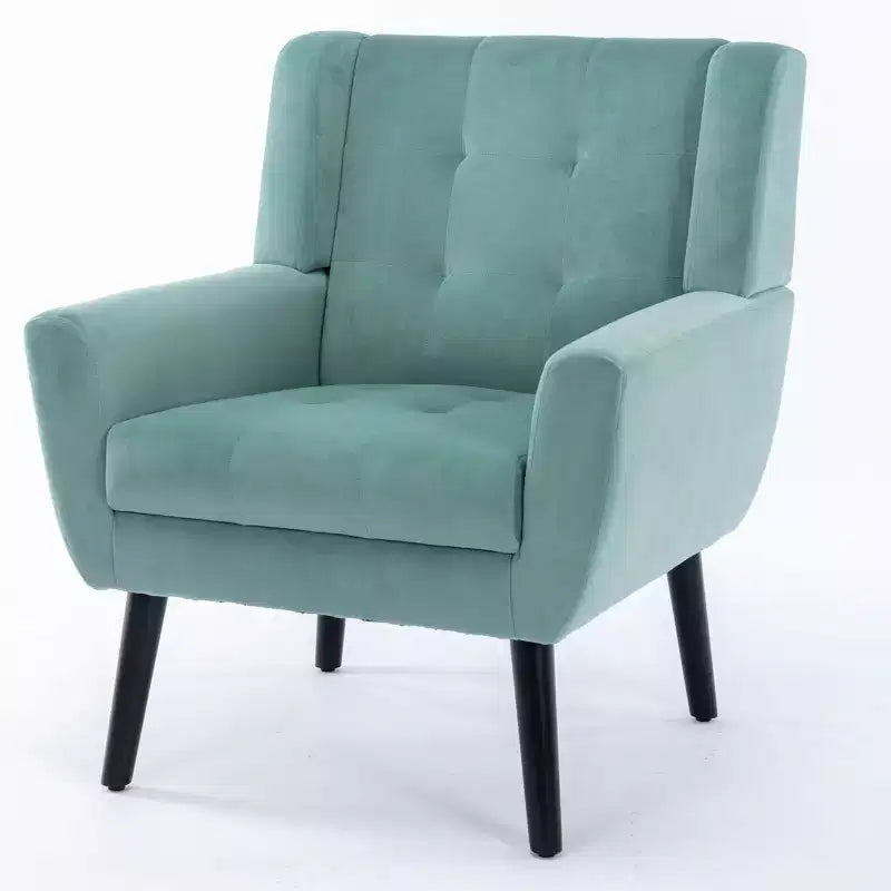 Poltrona moderna accent con bottoni a vista, poltrona da salotto morbida imbottita con gambe in legno nero, ergonomica per camera da letto