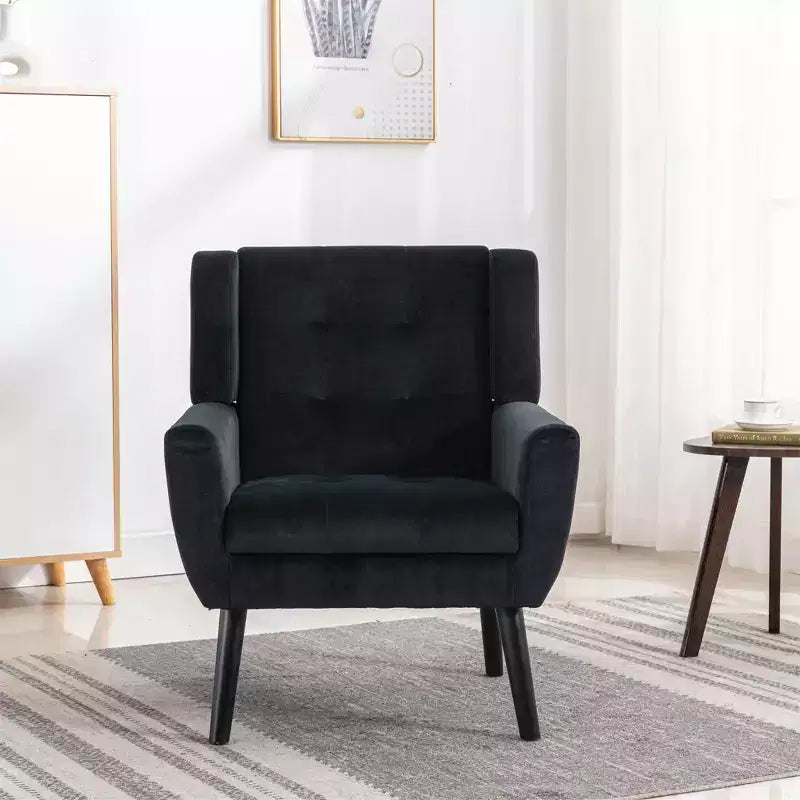 Poltrona moderna accent con bottoni a vista, poltrona da salotto morbida imbottita con gambe in legno nero, ergonomica per camera da letto