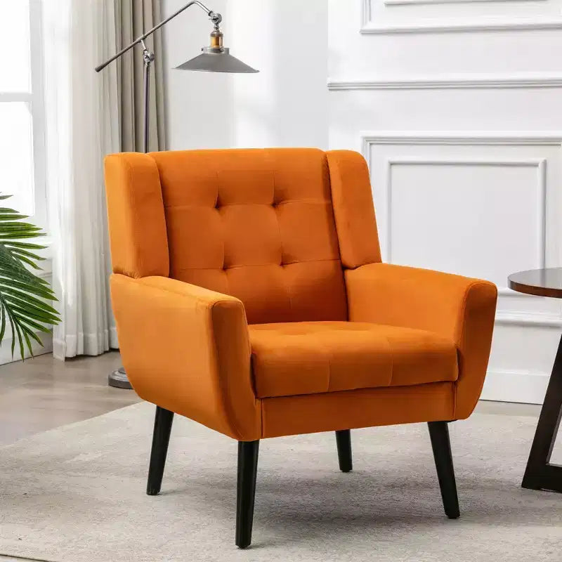 Poltrona moderna accent con bottoni a vista, poltrona da salotto morbida imbottita con gambe in legno nero, ergonomica per camera da letto
