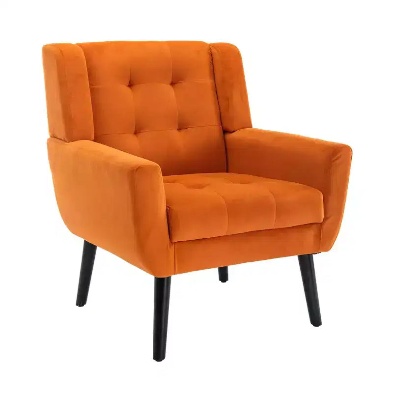Poltrona moderna accent con bottoni a vista, poltrona da salotto morbida imbottita con gambe in legno nero, ergonomica per camera da letto