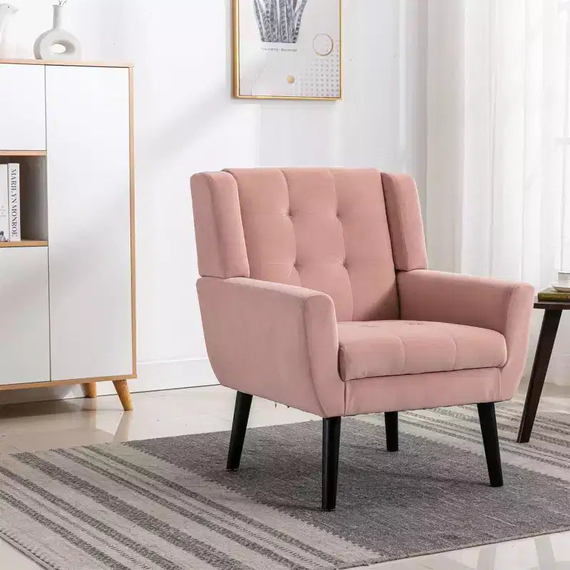 Poltrona moderna accent con bottoni a vista, poltrona da salotto morbida imbottita con gambe in legno nero, ergonomica per camera da letto