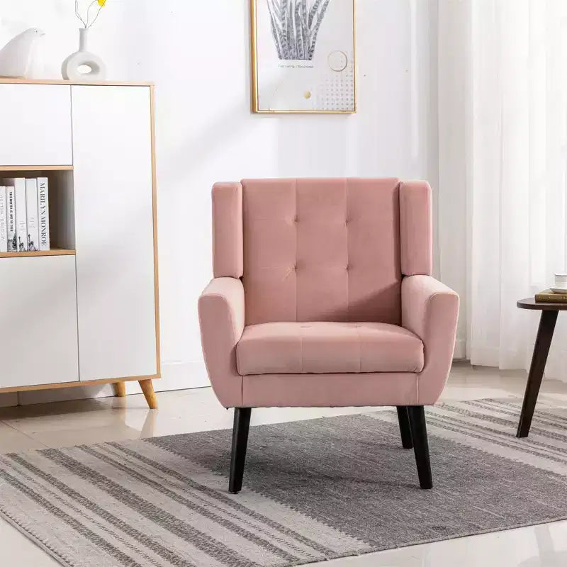 Poltrona moderna accent con bottoni a vista, poltrona da salotto morbida imbottita con gambe in legno nero, ergonomica per camera da letto