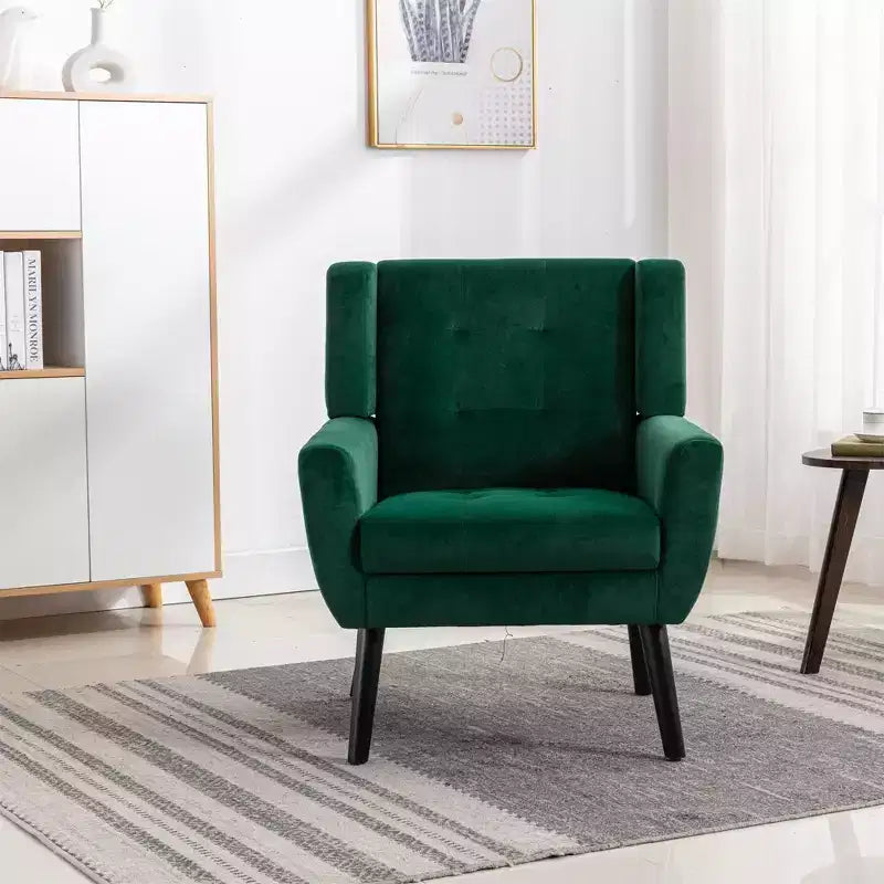 Poltrona moderna accent con bottoni a vista, poltrona da salotto morbida imbottita con gambe in legno nero, ergonomica per camera da letto