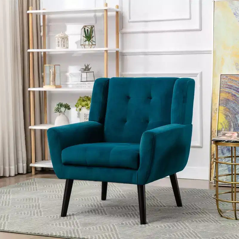 Poltrona moderna accent con bottoni a vista, poltrona da salotto morbida imbottita con gambe in legno nero, ergonomica per camera da letto