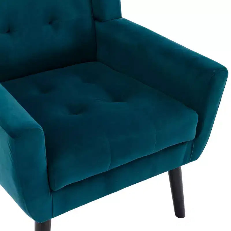 Poltrona moderna accent con bottoni a vista, poltrona da salotto morbida imbottita con gambe in legno nero, ergonomica per camera da letto