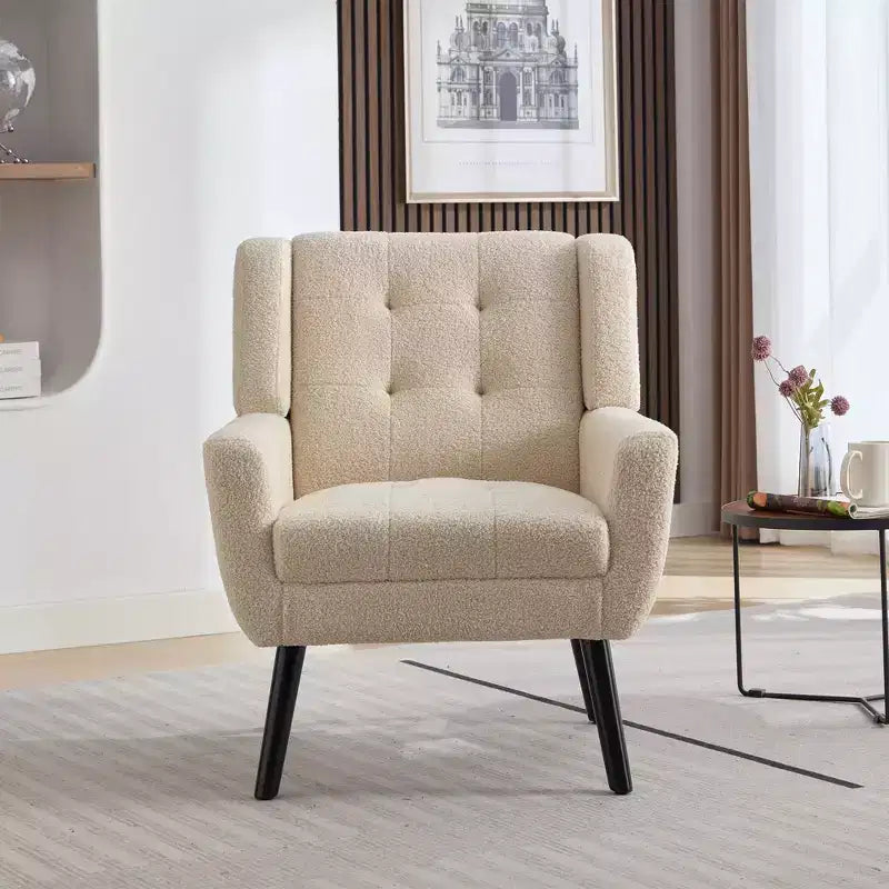 Poltrona moderna accent con bottoni a vista, poltrona da salotto morbida imbottita con gambe in legno nero, ergonomica per camera da letto
