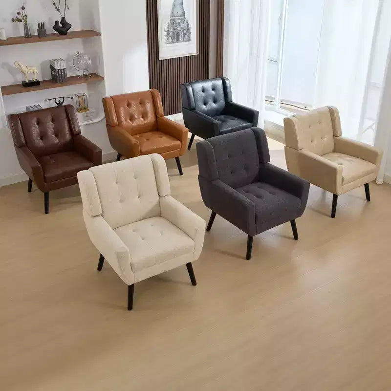 Poltrona moderna accent con bottoni a vista, poltrona da salotto morbida imbottita con gambe in legno nero, ergonomica per camera da letto