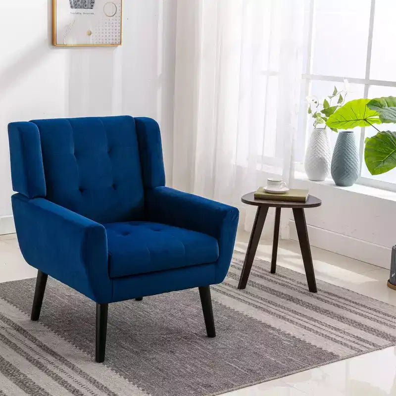 Poltrona moderna accent con bottoni a vista, poltrona da salotto morbida imbottita con gambe in legno nero, ergonomica per camera da letto