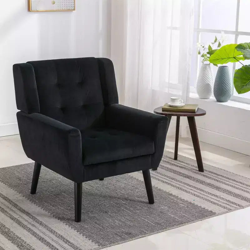 Poltrona moderna accent con bottoni a vista, poltrona da salotto morbida imbottita con gambe in legno nero, ergonomica per camera da letto