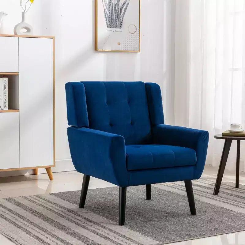 Poltrona moderna accent con bottoni a vista, poltrona da salotto morbida imbottita con gambe in legno nero, ergonomica per camera da letto