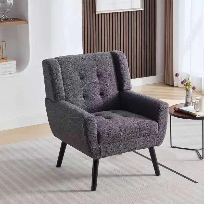 Poltrona moderna accent con bottoni a vista, poltrona da salotto morbida imbottita con gambe in legno nero, ergonomica per camera da letto