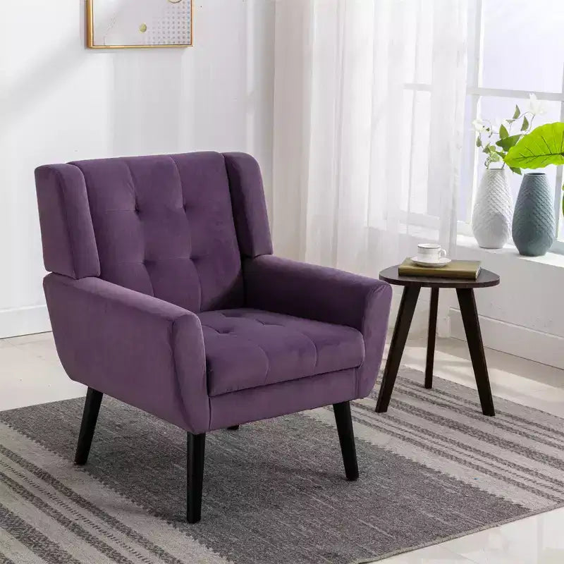 Poltrona moderna accent con bottoni a vista, poltrona da salotto morbida imbottita con gambe in legno nero, ergonomica per camera da letto