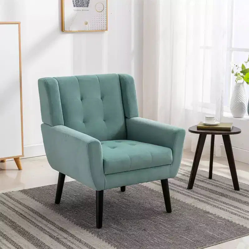 Poltrona moderna accent con bottoni a vista, poltrona da salotto morbida imbottita con gambe in legno nero, ergonomica per camera da letto