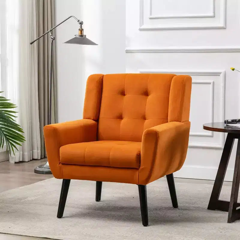 Poltrona moderna accent con bottoni a vista, poltrona da salotto morbida imbottita con gambe in legno nero, ergonomica per camera da letto