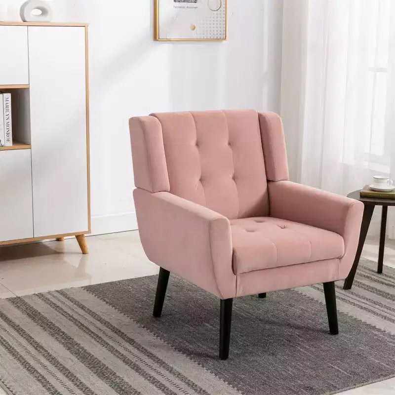 Poltrona moderna accent con bottoni a vista, poltrona da salotto morbida imbottita con gambe in legno nero, ergonomica per camera da letto