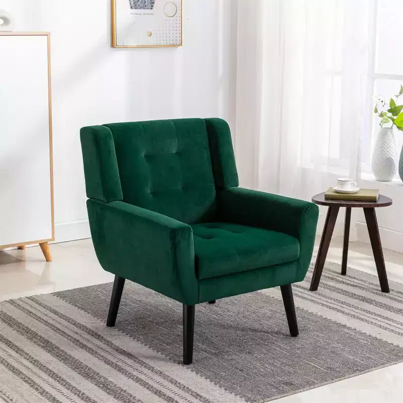 Poltrona moderna accent con bottoni a vista, poltrona da salotto morbida imbottita con gambe in legno nero, ergonomica per camera da letto