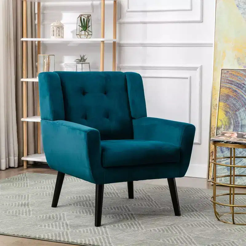 Poltrona moderna accent con bottoni a vista, poltrona da salotto morbida imbottita con gambe in legno nero, ergonomica per camera da letto