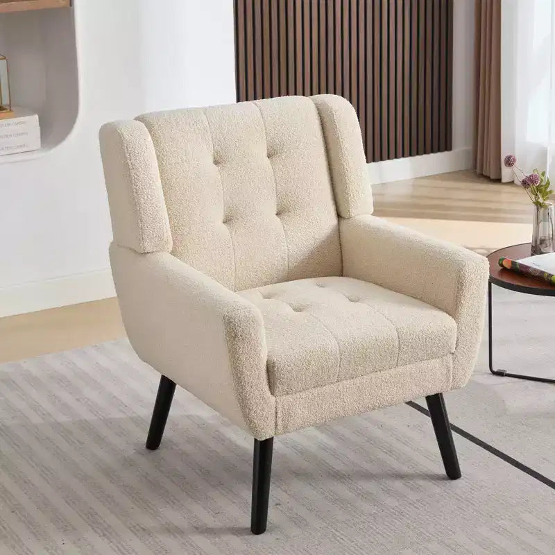 Poltrona moderna accent con bottoni a vista, poltrona da salotto morbida imbottita con gambe in legno nero, ergonomica per camera da letto