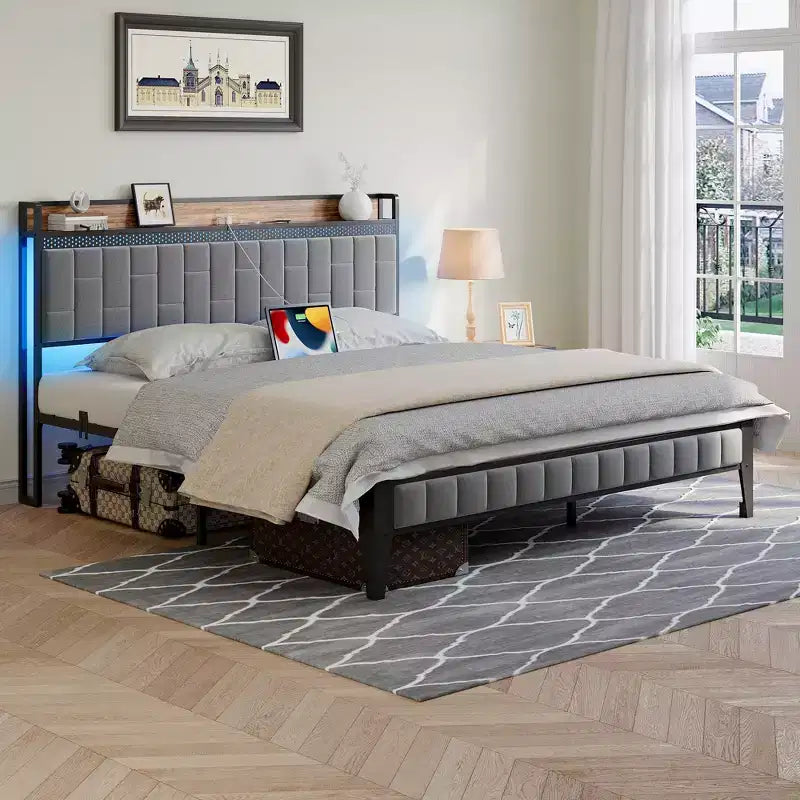 Struttura letto con testiera contenitore | Luci a LED e prese di ricarica | Nessuna rete a molle necessaria | Struttura in metallo | Facile da montare