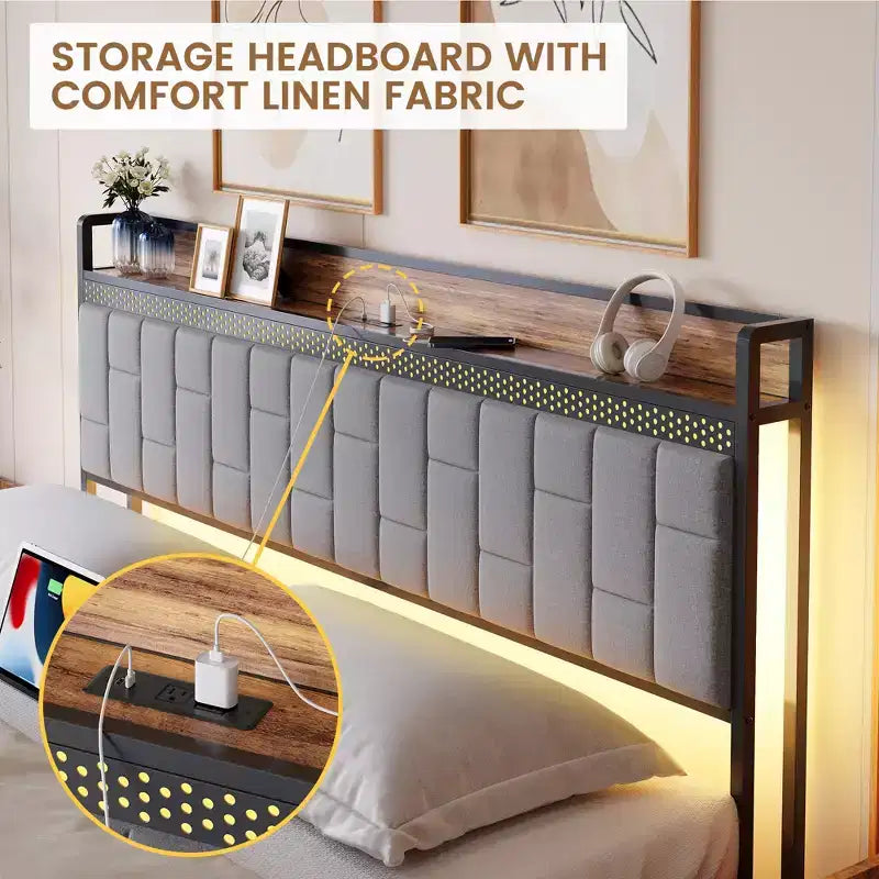Struttura letto con testiera contenitore | Luci a LED e prese di ricarica | Nessuna rete a molle necessaria | Struttura in metallo | Facile da montare