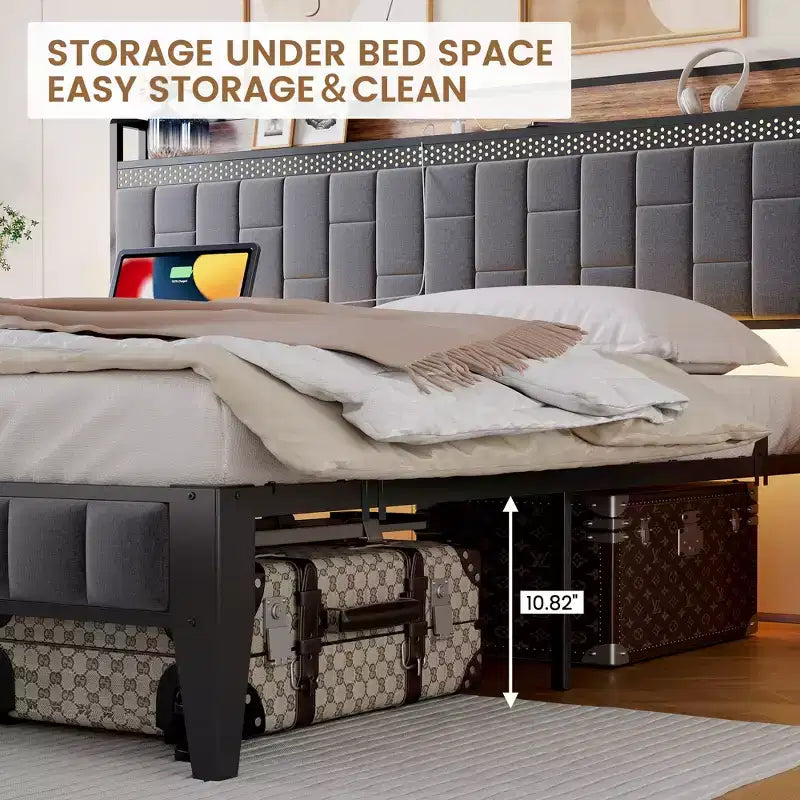 Struttura letto con testiera contenitore | Luci a LED e prese di ricarica | Nessuna rete a molle necessaria | Struttura in metallo | Facile da montare