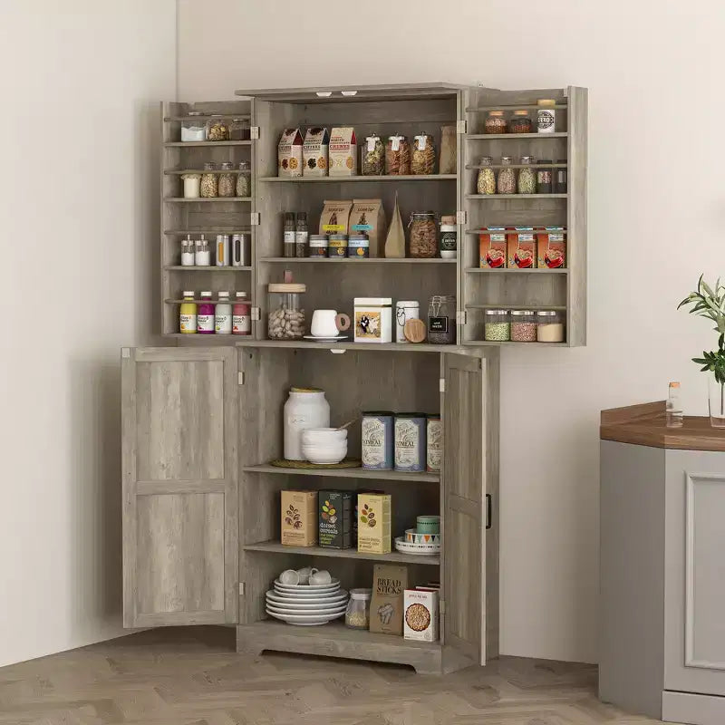 Dispensa da cucina alta 72 pollici in stile rustico, Mobile contenitore alto con 4 ante scorrevoli, 4 ripiani regolabili, 8 ripiani sullo sportello