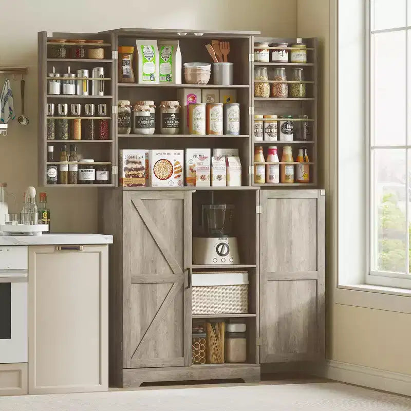 Dispensa da cucina alta 72 pollici in stile rustico, Mobile contenitore alto con 4 ante scorrevoli, 4 ripiani regolabili, 8 ripiani sullo sportello