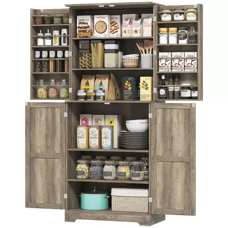 Dispensa da cucina alta 72 pollici in stile rustico, Mobile contenitore alto con 4 ante scorrevoli, 4 ripiani regolabili, 8 ripiani sullo sportello
