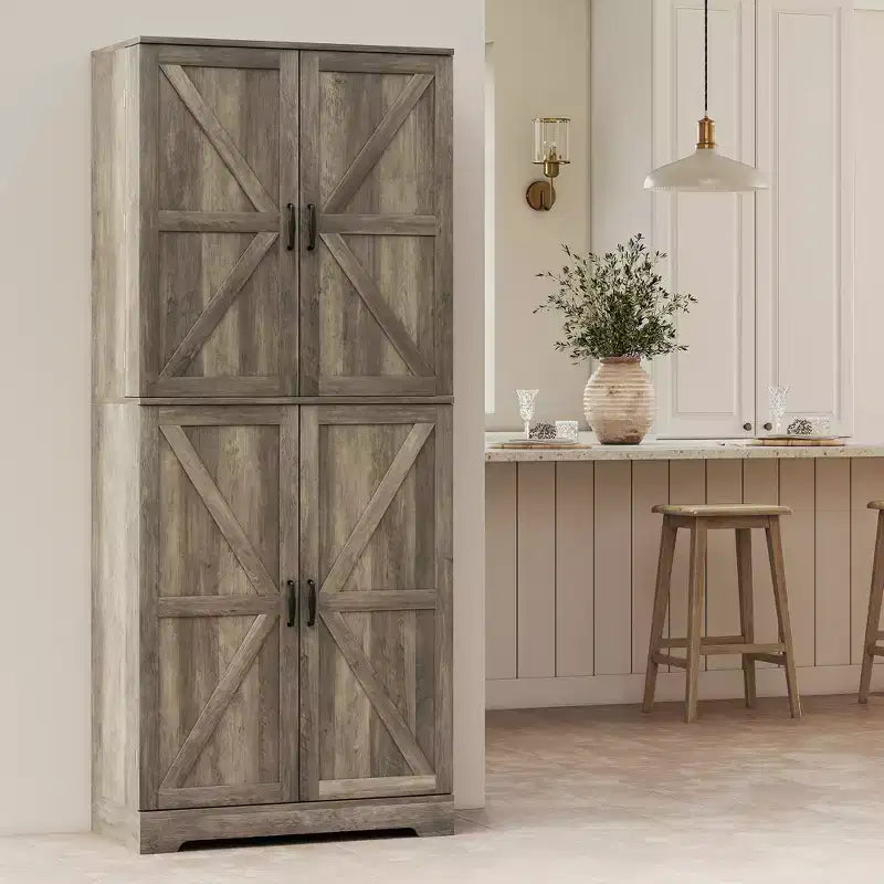 Dispensa da cucina alta 72 pollici in stile rustico, Mobile contenitore alto con 4 ante scorrevoli, 4 ripiani regolabili, 8 ripiani sullo sportello
